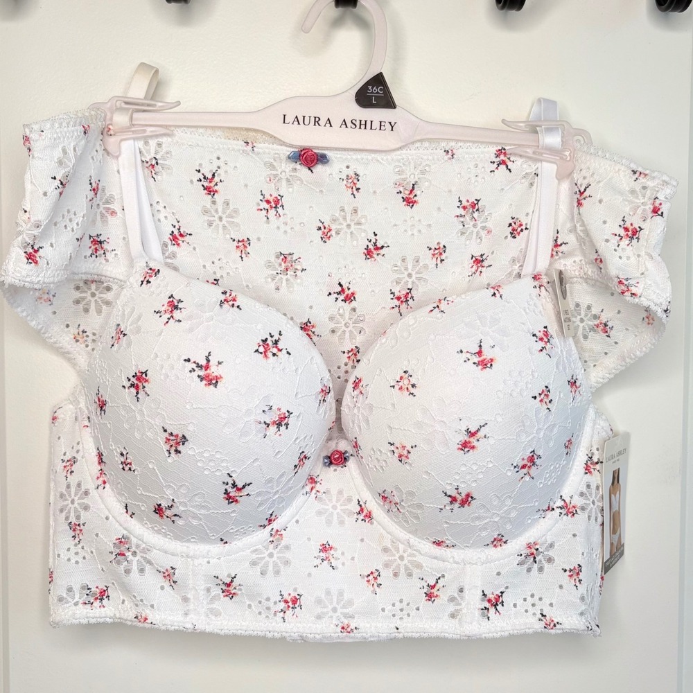 Laura Ashley Eyelet Lace Longline Bra and Hipster Panty Set Floral White 36C / L